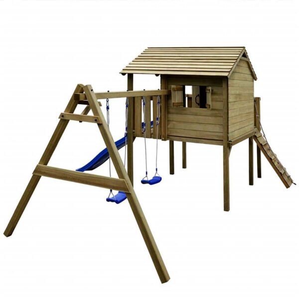 Large Playhouse, Swing, Climbing Ladder & Wave Slide Set with 2 Garden Swings, Play Tower, Slide & Rope Ladder. Outdoor Wooden Play House Treated Pine, Ireland.