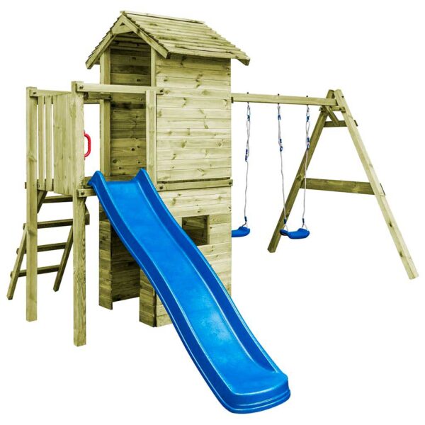 Playhouse, Swing, Climbing Ladder & Wave Slide Set with 2 Garden Swings, Play Tower & Sandpit - 390x353x268 cm. Outdoor Wooden Play House Treated Pine, Ireland.