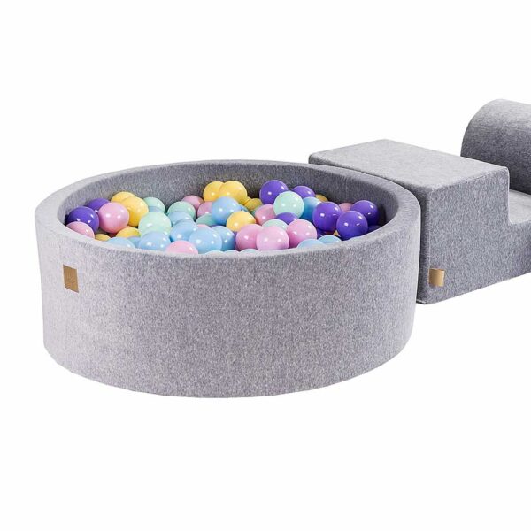 Three Piece Play Set Indoor Playground, Ball Pit & 200 Balls (Baby Blue, Pastel Pink, Pastel Yellow, Purple & Mint) for Children with Light Grey Velvet Cover