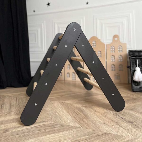 Black Climbing Triangle Ladder for Kids. Handmade Wooden Pikler Montessori Childs Climbing Ladder for Playroom, Bedroom, Creche, Child Care & Pre-School