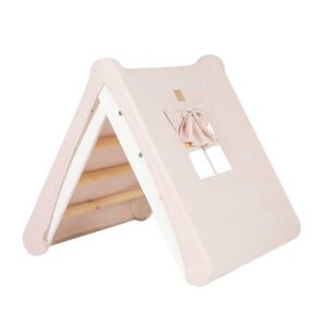White Climbing Triangle House Ladder for Kids. Handmade Pikler Montessori Childs Climbing Ladder for Playroom, Bedroom, Creche, Child Care & Pre-School with Pink Tent cover, Ireland.