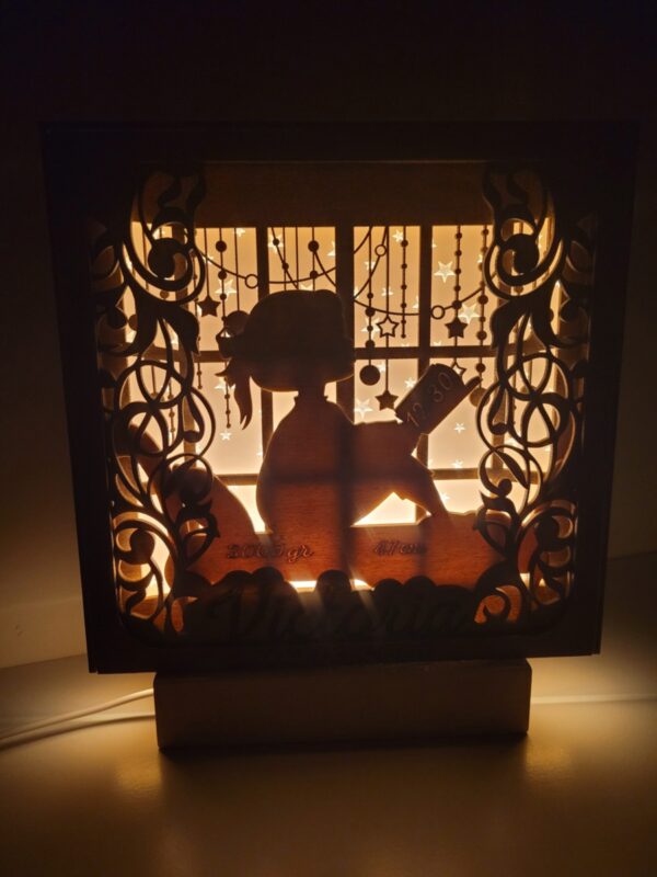 New Baby Girl Gift. 3D Personalised Bedroom Light "Reading Girl" personalised with date of birth, time of birth, birth weight, baby length & baby name. Ireland.