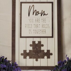 Mother's Day Jigsaw Wall Plaque Gift With Personalised Family Names engraved on Jigsaw pieces. Mom You Are The Piece That Holds Us Together. Ireland.