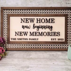 Personalised New Home Wall Plaque House Warming Gift engraved with family name & date. Handmade Rattan Design House Warming Wall Plaque