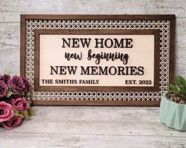 Personalised New Home Wall Plaque House Warming Gift engraved with family name & date. Handmade Rattan Design House Warming Wall Plaque