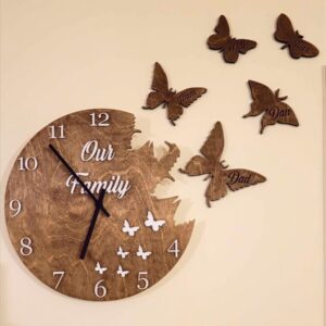 Wooden Wall Clock "Flying Butterflies" | Personalised Family Names Butterfly Wall Clock. 3D Personalised Wooden Wall Clock with 5 Family Name Personalised Butterflies. Engrave Each Butterfly with a Family Name. Handmade in Ireland