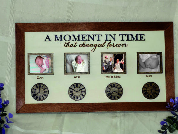 Personalised Family Photo Frame Plaque with clock indicating your chosen time beneath each family member photo. Moment In Time Photo Frame. 3 sizes, Ireland.