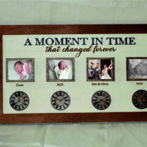 Personalised Family Photo Frame Plaque with clock indicating your chosen time beneath each family member photo. Moment In Time Photo Frame. 3 sizes, Ireland.