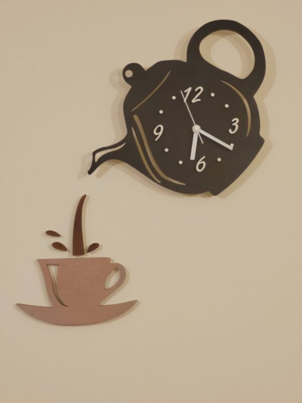 Kitchen Wall Clock "Floral Kettle & Cup Kitchen Clock". Handmade in Ireland Kitchen Clock Wall Decor in 3D style, high quality birch plywood & golden acrylic