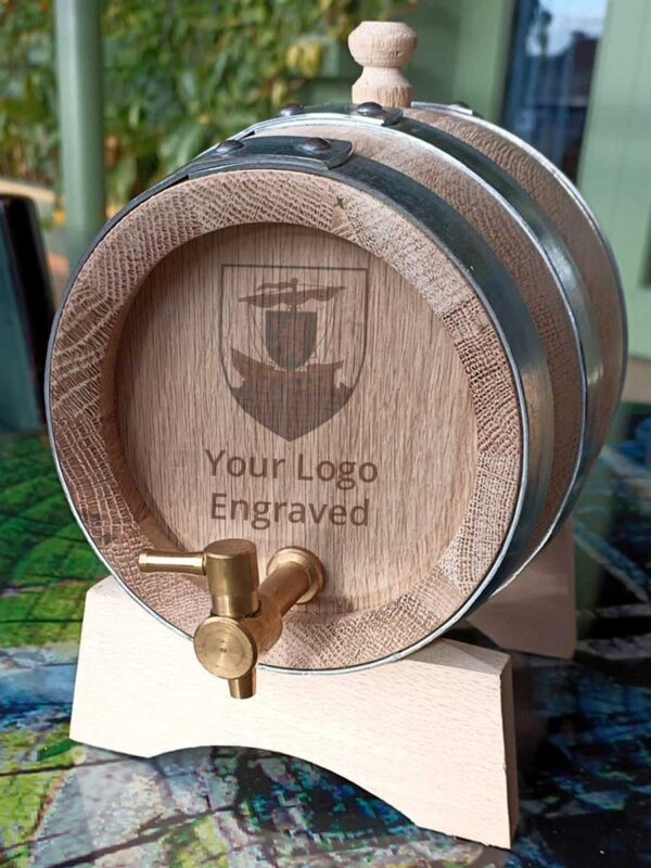 Logo Engraved Whiskey Barrel With Logo, Brand, Crest, Coat Of Arms & Text. Handmade 1L Oak Whiskey Barrel Laser Engraving. Shipped next day from Galway, Ireland