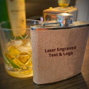 Logo Engraved Hip Flask Branded with Text & Logo. Laser Engraved Wood veneer 6oz Logo Branded Hip Flask with Personalised Text. Ships from Ireland next day.