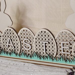 Easter Decorative Sign Home Decor. Handmade Sign with Eggs & Bunnies in Natural & Colour. Displays Easter along 6 handcrafted wooden eggs. Made in Ireland