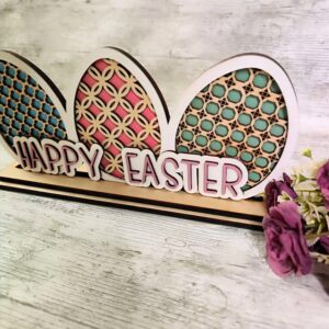 Wooden Easter Eggs Decor Shelf Sitter handmade in Ireland. Easter Home Decoration with Painted Eggs and Happy Easter in stylish colours.