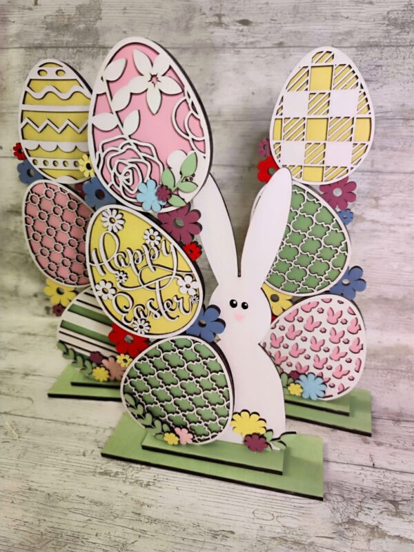 Stacking Easter Egg Shelf Sitter With Bunny, Home Decoration in Rustic Vintage Style Handmade in Ireland. Happy Easter Home Deco Shelf & Table Centerpiece.
