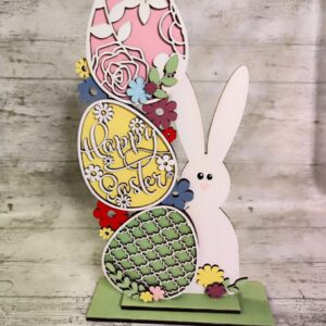 Stacking Easter Egg Shelf Sitter With Bunny, Home Decoration in Rustic Vintage Style Handmade in Ireland. Happy Easter Home Deco Shelf & Table Centerpiece.
