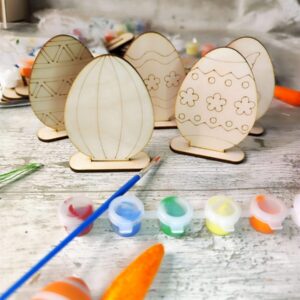 Wooden Easter Egg Painting Kit with 5 Easter Eggs, Paint Brush, 6 Paints & Egg Stand. Easter Crafts Colouring Kit Shelf Sitter. Handmade in Ireland.
