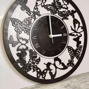 Butterfly Wall Clock. Handmade Black & White Wooden Wall Clock with Delicate Butterfly Print. Made in Ireland.