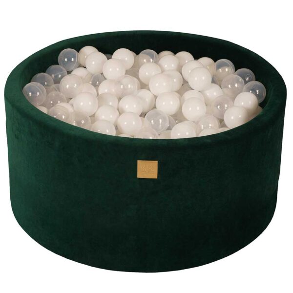 Green Ball Pit with Dark Green Velvet Cover & 200 Balls For Kids - Round Velvet Foam Pit With 200 Balls, Washable Cover & Custom Ball Colours. 90x40cm.