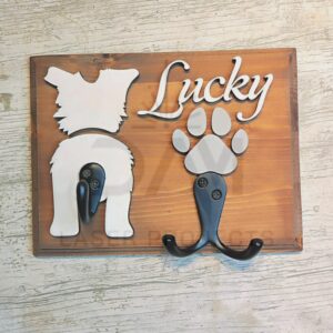 Personalised Dog Lead Hanger with Hooks. Customised Leash Holder with Dog Name, Paw, Breed Silhouette & 3 Hangers in a choice of colours. Handmade In Ireland.