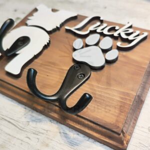 Personalised Dog Lead Hanger with Hooks. Customised Leash Holder with Dog Name, Paw, Breed Silhouette & 3 Hangers in a choice of colours. Handmade In Ireland.