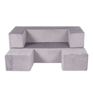 Grey Sofa Bed for Child, Kids & Children. Soft Foam Sofa with Two Poufs. Folds into Bed for Naps & Sleepover guests. 96Lx50Dx40H cm. Delivered Ireland.