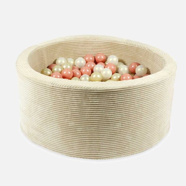 Beige Corduroy Ball Pit Delivered Ireland & EU with Light Gold, Metallic Graphite & Rose Gold Balls. Handmade, Zipped Washable Cover & Gift Note, Ireland.