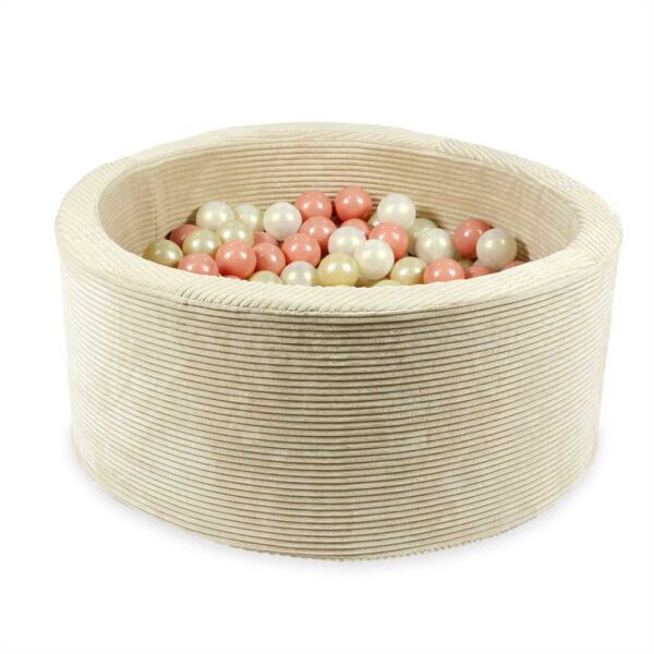 Beige Corduroy Ball Pit Delivered Ireland & EU with Light Gold, Metallic Graphite & Rose Gold Balls. Handmade, Zipped Washable Cover & Gift Note, Ireland.