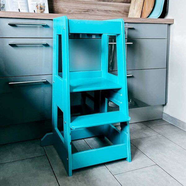 Learning Tower Step Stool In Petrol Blue Beech Wood by tiSsi®. Quality German design, stable Blue Beech Learning Tower Step Stool direct to Ireland & EU