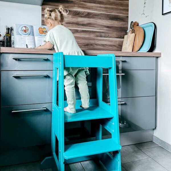Learning Tower Step Stool In Petrol Blue Beech Wood by tiSsi®. Quality German design, stable Blue Beech Learning Tower Step Stool direct to Ireland & EU