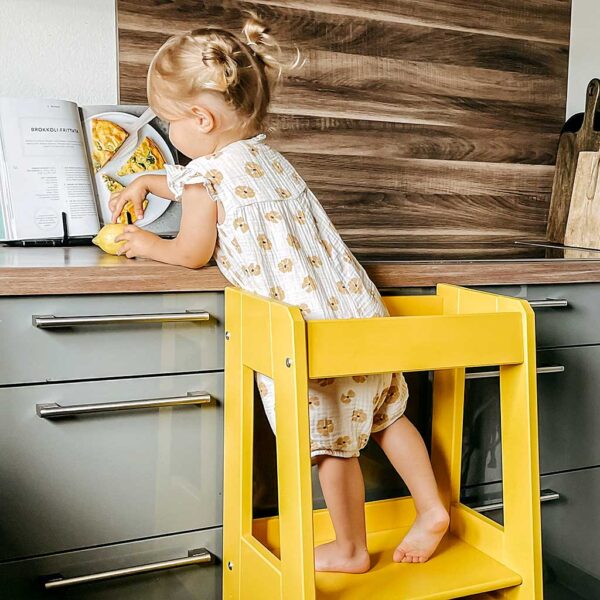 Learning Tower Step Stool In Sunflower Yellow Beech Wood by tiSsi®. Quality German design, stable Blue Beech Learning Tower Step Stool direct to Ireland & EU