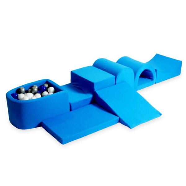 Blue Seven-Piece Toddler Adventure Foam Set for Kids with Micro Ball Pit & 100 Coloured Balls (Blue, Silver & White). Delivered Ireland & EU with Free Gift Note