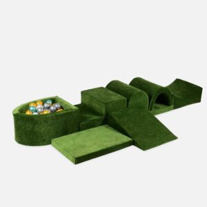 Large Olive Green Soft Velvet Seven Piece Foam Play Set for Kids with Ball Pit, 100 Balls & Choice Of Ball Colour. Delivered Ireland, EU & Worldwide. Gift Note.