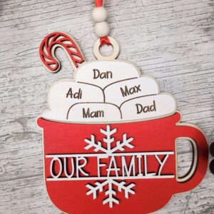 Hot Chocolate Christmas Tree Decoration Personalised with up to 6 Family Names. Handmade in Ireland with personalised name marshmallows.