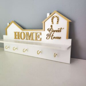 Handmade Wooden Wall Key Holder with engraved "Home Sweet Home", Five Key Hooks & Lucky Horse Shoe. Handmade in Ireland.