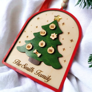 Handmade Personalised Family Names Christmas Tree Decoration 3D Ornament personalised with 2 to 15 family names, including your beloved pets. Ireland.