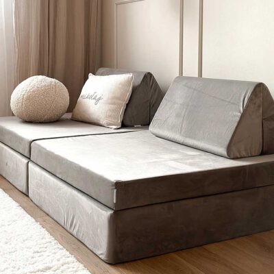 Play Sofa Bed for Kids, Toddlers & Children: Grey Velvet Montessori Play Sofa Bed delivered Ireland, EU, North America & Beyond with Gift Note. Handmade for Kids Nursery, Childs Play Room...