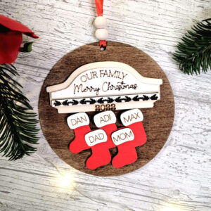 Family Christmas Tree Decoration Personalised With 2 to 8 Names. Featuring Family Name, Christmas Greeting, Year & up to 8 Santa Socks with Engraved Names.