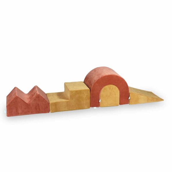 Soft Play Equipment in Canyon Clay and Caramel. Foam Soft Play Set Designer. Create a 2 - 7 Module Indoor Soft Play Set in 2 Alternating Colours. Choose from Wedge, Tunnel, Hill, Step, Peaks, Cradle & Bridge