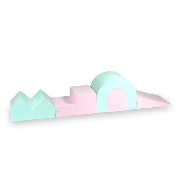 Soft Play Equipment in Mint & Powder Pink. Foam Soft Play Set Designer. Create a 2 - 7 Module Indoor Soft Play Set in 2 Alternating Colours. Choose from Wedge, Tunnel, Hill, Step, Peaks, Cradle & Bridge