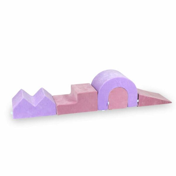 Soft Indoor Play Set in Purple & Pink. Foam Soft Play Set Designer. Create a 2 - 7 Module Indoor Soft Play Set in 2 Alternating Colours. Choose from Wedge, Tunnel, Hill, Step, Peaks, Cradle & Bridge