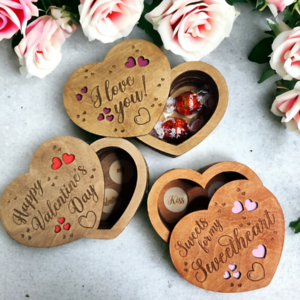 I Love You Chocolate Box. Heart-Shaped Chocolate Box. Valentine Chocolate Box with selection of personal Love messages engraved on the top for you to fill with your favourite chocs!