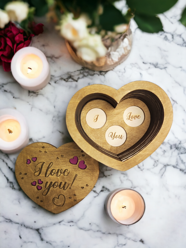 I Love You Chocolate Box. Heart-Shaped Chocolate Box. Valentine Chocolate Box with selection of personal Love messages engraved on the top for you to fill with your favourite chocs!