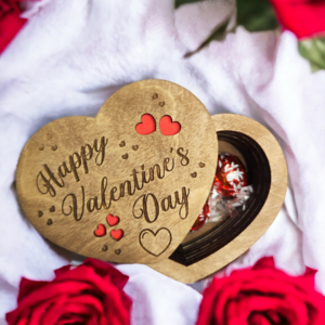 Happy Valentines Day Chocolate Box. Heart-Shaped Chocolate Box. Valentine Chocolate Box with selection of personal Love messages engraved on the top for you to fill with your favourite chocs!