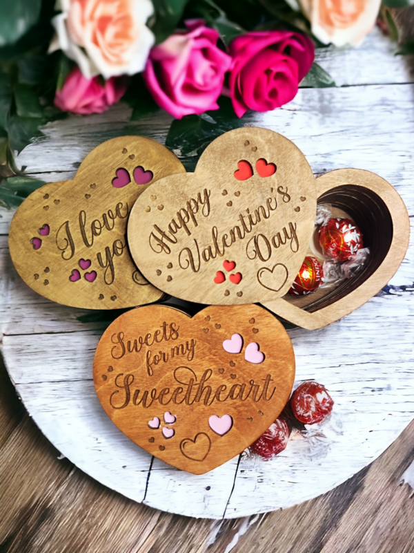 Heart-Shaped Chocolate Box. Valentine Chocolate Box with selection of personal Love messages engraved on the top for you to fill with your favourite chocs!