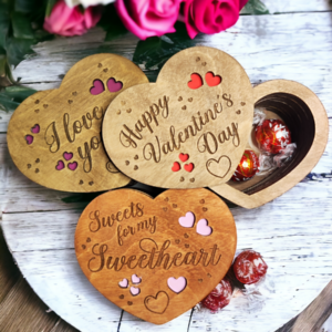Heart-Shaped Chocolate Box. Valentine Chocolate Box with selection of personal Love messages engraved on the top for you to fill with your favourite chocs!