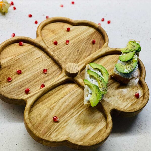 Personalised Hearts Lazy Susan with 4 Heart-Shaped Compartments engraved with Text. Handmade Oak Rotating Lazy Susan Revolving Tray. Delivered Ireland. Available in 30cm & 40cm.
