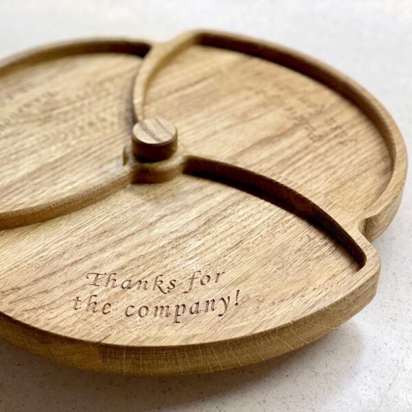 Personalised Round Lazy Susan with 3 Sections engraved with Text. Handmade Oak Rotating Lazy Susan Tabletop Server / Cupcake Stand. Delivered Ireland.