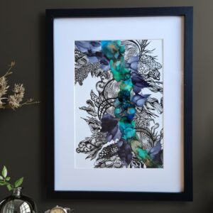 True Colours - Original Abstract Alcohol Ink Painting with Free Ireland Delivery. Framed Wall Art hand painted in Ireland in Blue, Gold & Black Ink & UV Protection