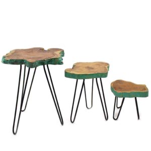 Set of 3 modern wood plant stands with a green wash finish. Perfect for displaying plants & also serve as stylish side tables. Delivery to Ireland & EU.