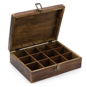 Discover our hand-carved mango wood tea box with 12 compartments. Perfect for organising tea, with a rustic design and brass latch. Ships to Ireland & EU.